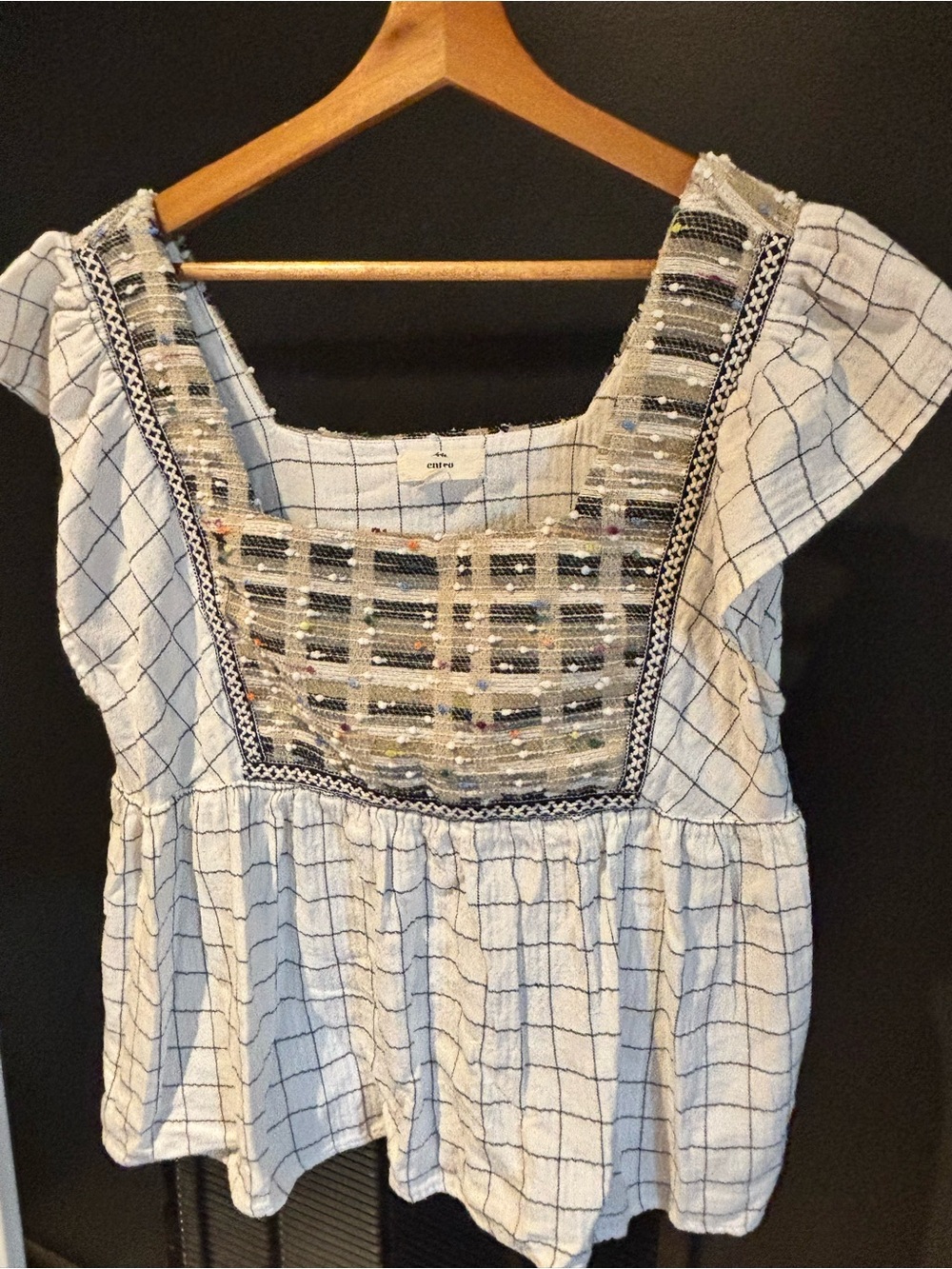entro Light Blue Windowpane Embroidered Square-Neck Tunic